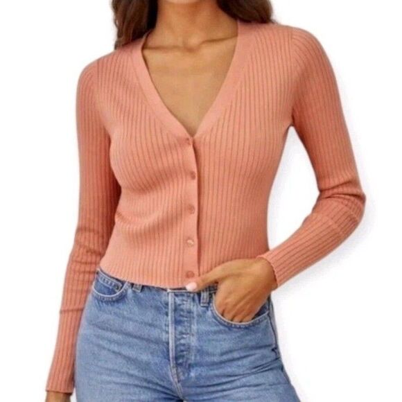 Aritzia WILFRED Manila Cardigan Large Ribbed Wool Blend Minimalist Coquette Pink - Picture 1 of 8